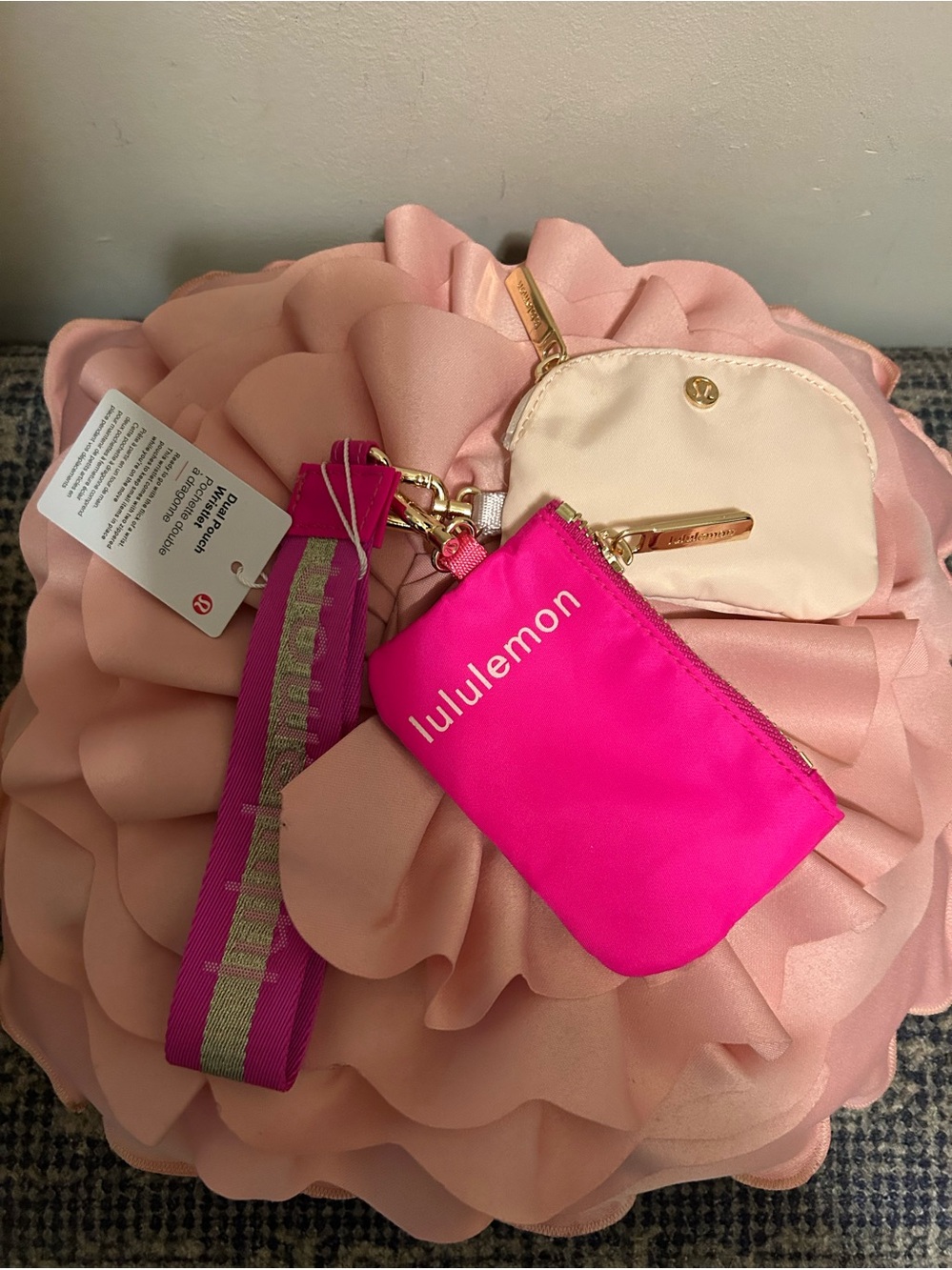 lululemon Hot Pink & Cream Key + Coin Pouch Set with Strap